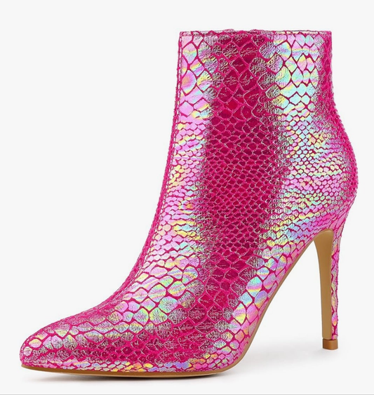 Snakeskin Printed Metallic Boots Pointed Toe Stiletto Heel Ankle Boots for Women