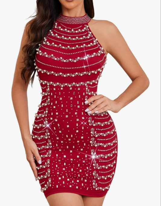 COCOMONEY SLEEVLESS RHINESTONE HALTER MINI DRESS