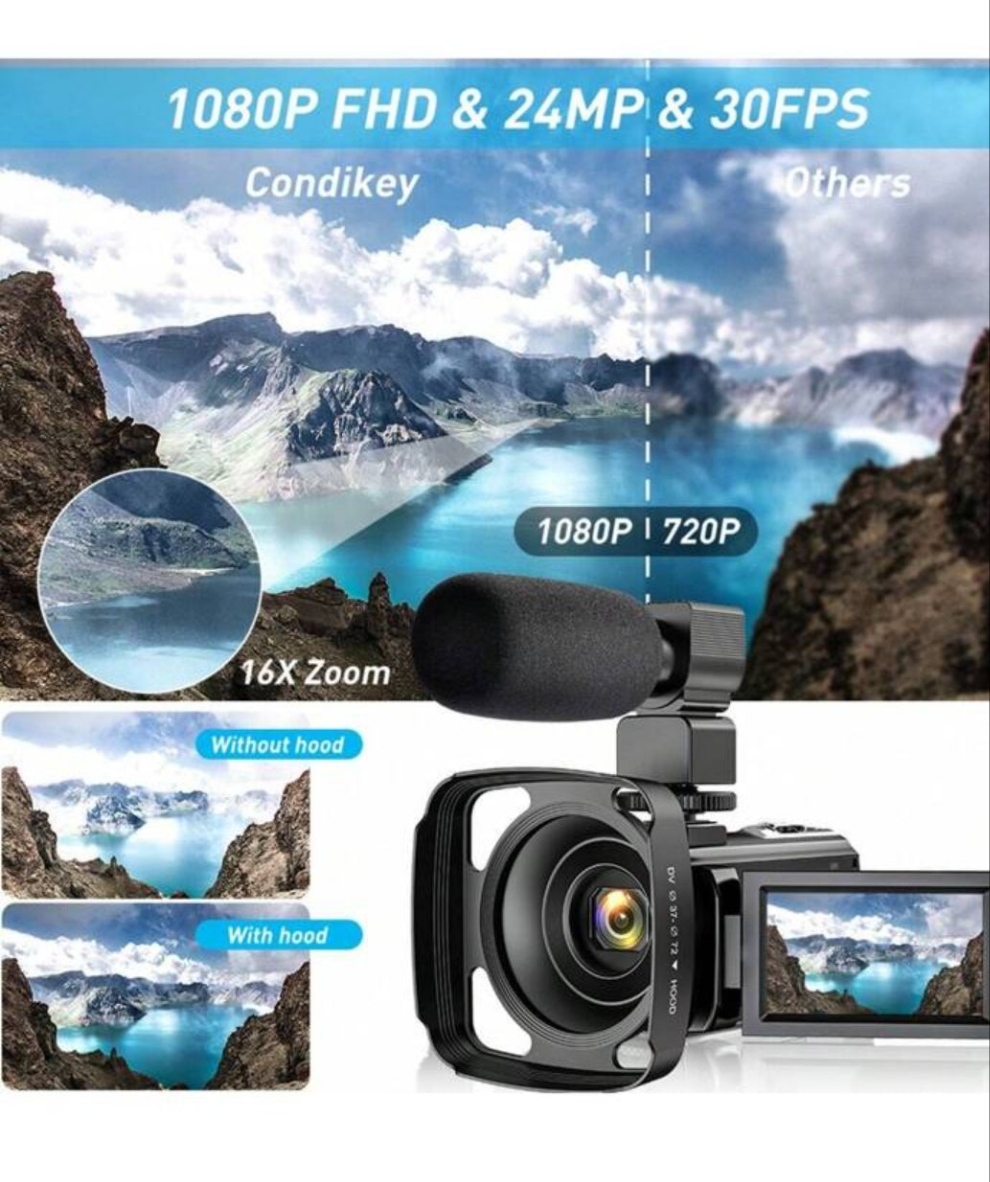 Nicamery Video Blogging Camera Recorder FHD 1080P 24.0MP 3.0 Inch 270 Degree Rotatable Screen 16X Digital Zoom Camcorder With Microphone, Remote Control And 2 Batteries