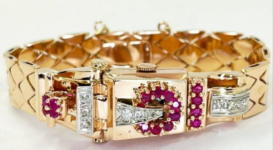 Stunning Retro Rose Gold, Diamond, and Ruby Manual Watch 0.18k