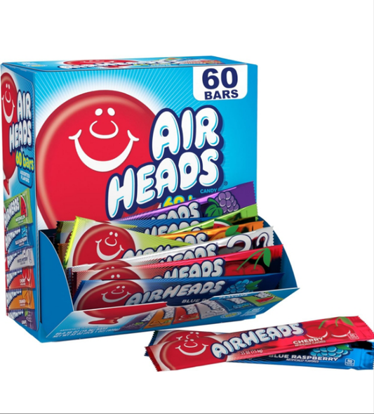 Airheads Candy Bars, Variety Box, Chewy Full Size Fruit Taffy, Gifts, Holiday, Parties, Concessions, Pantry, Non Melting, Party, 60 Individually Wrapped Full Size Bars