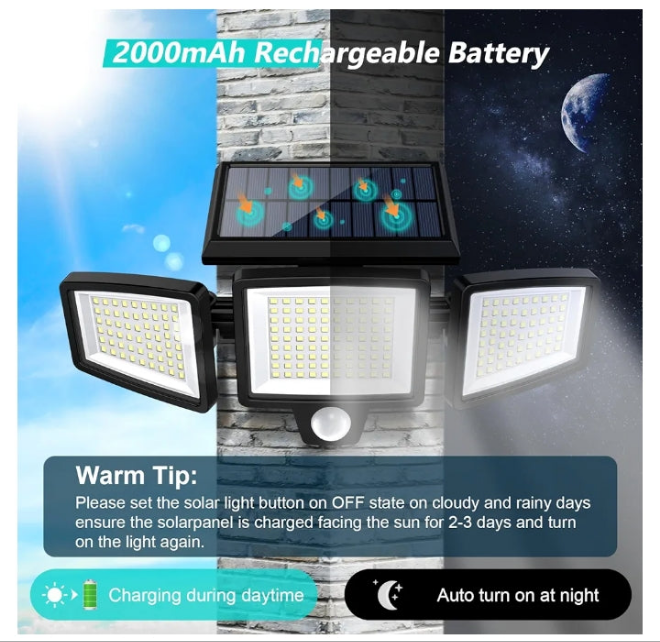 Solar Outdoor Lights 2500LM 210 LED Security Lights with Remote Control,3 Heads Motion Sensor Lights, IP65 Waterproof,270° Wide Angle Flood Wall Lights with 3 Modes(2 Packs)