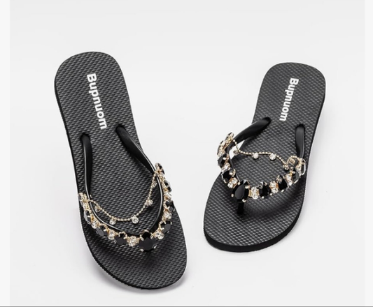 Sandals Women Flat, Open Toe Sandals Slip-on Comfortable Flat Sandals Non-Slip Thong Sandals with Rhinestone Decoration