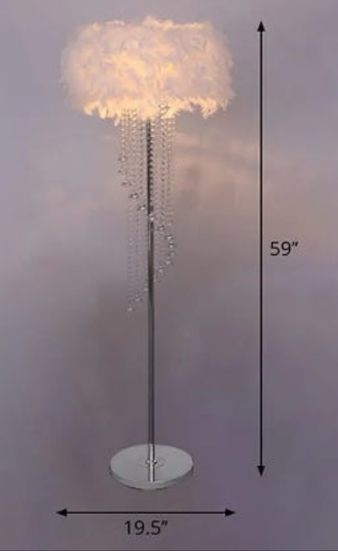 Floor Lamp Feather Drum Shade with Spiral Crystal Standing Lighting Plug in Standing Lamp Floor Light for Reading Living Room Bedroom