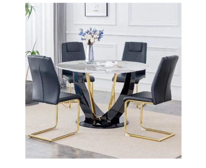 Round Dining Table Set for 4, 48" Dining Room Table with Faux Marble Tabletop and 4 Upholstered Chairs,Modern Round Kitchen Table Chairs Set for Dinning Room, Living Room, Cafe, Restaurant
