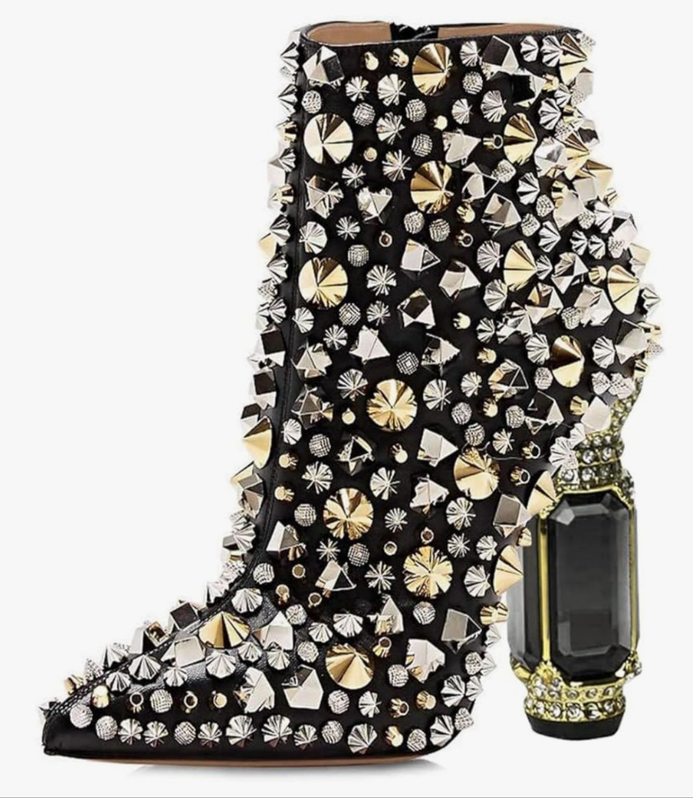 Pointed Toe Crystal Chunky Block High Heel Ankle Boots Glossy Side Zipper