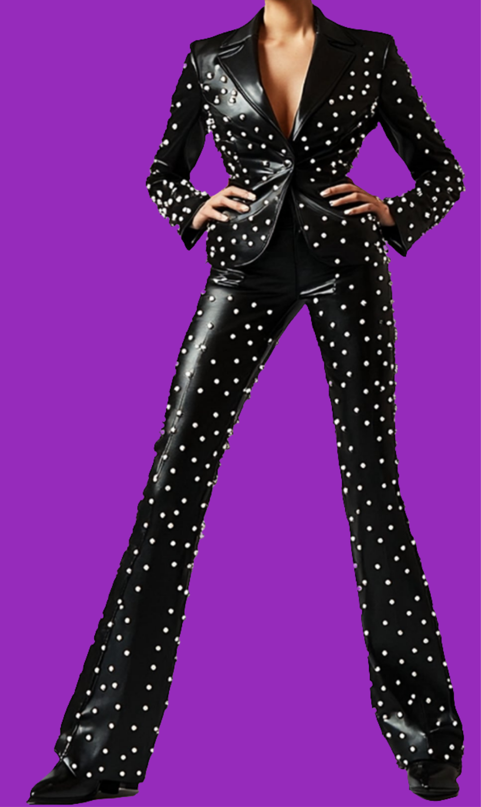 COCOMONEY Pearls PU Leather Jacket Two Piece Pant Set-Black