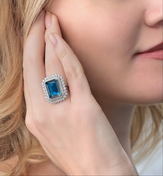 925 Sterling Silver London Blue Topaz Ring For Women (10.10 Cttw, Emerald Cut 14X10MM, Gemstone Birthstone, Available In Size 5, 6, 7, 8, 9)