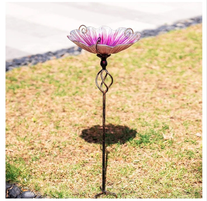 31 Inch Height Glass Birdbath Birdfeeder with Metal Stake Garden Yard Outdoor
