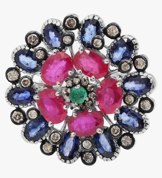 Colorful Gemstone Silver Ring Art Deco 925 Sterling Silver Wedding Ring Rainbow Anniversary Ring Ruby Emerald Sapphire Diamond Jewelry Christmas Gifts