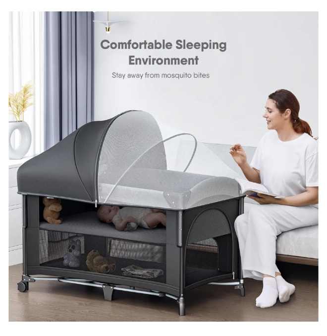 4 in 1 Baby Bassinet with Bedside Sleeper, Baby Crib, Playard, Changing Table, Comes with Toy Bar, Mattress, Mosquito Net, Bottom Storage - Obee Odee
