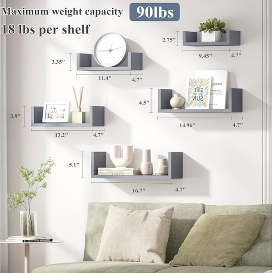 Floating Shelves, Wall Shelves for Bathroom, Bedroom, Living Room, Kitchen, Office, Wood Shelves for Wall Decor Set of 5