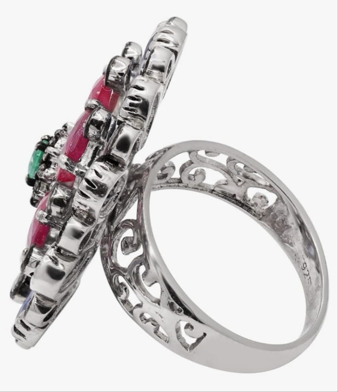 Colorful Gemstone Silver Ring Art Deco 925 Sterling Silver Wedding Ring Rainbow Anniversary Ring Ruby Emerald Sapphire Diamond Jewelry Christmas Gifts