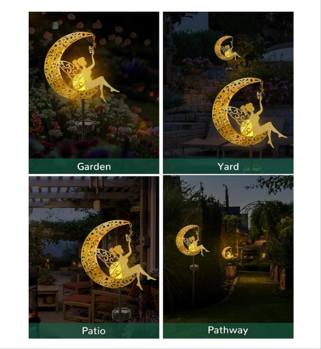 Solar Garden Statues Outdoor Decor, Fairy Moon Figurine Light Stake, Housewarming Ornament for Patio, Lawn, Yard, Pathway - Unique Gift Ideas for Gardening