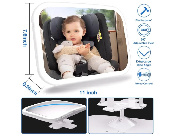 Smart Baby Car Mirror with Lights, Voice Control Safety Car Seat Mirror for Baby Rear Facing Infant with Wide Crystal Clear View, Shatterproof, Fully Assembled, Crash Tested and Certified