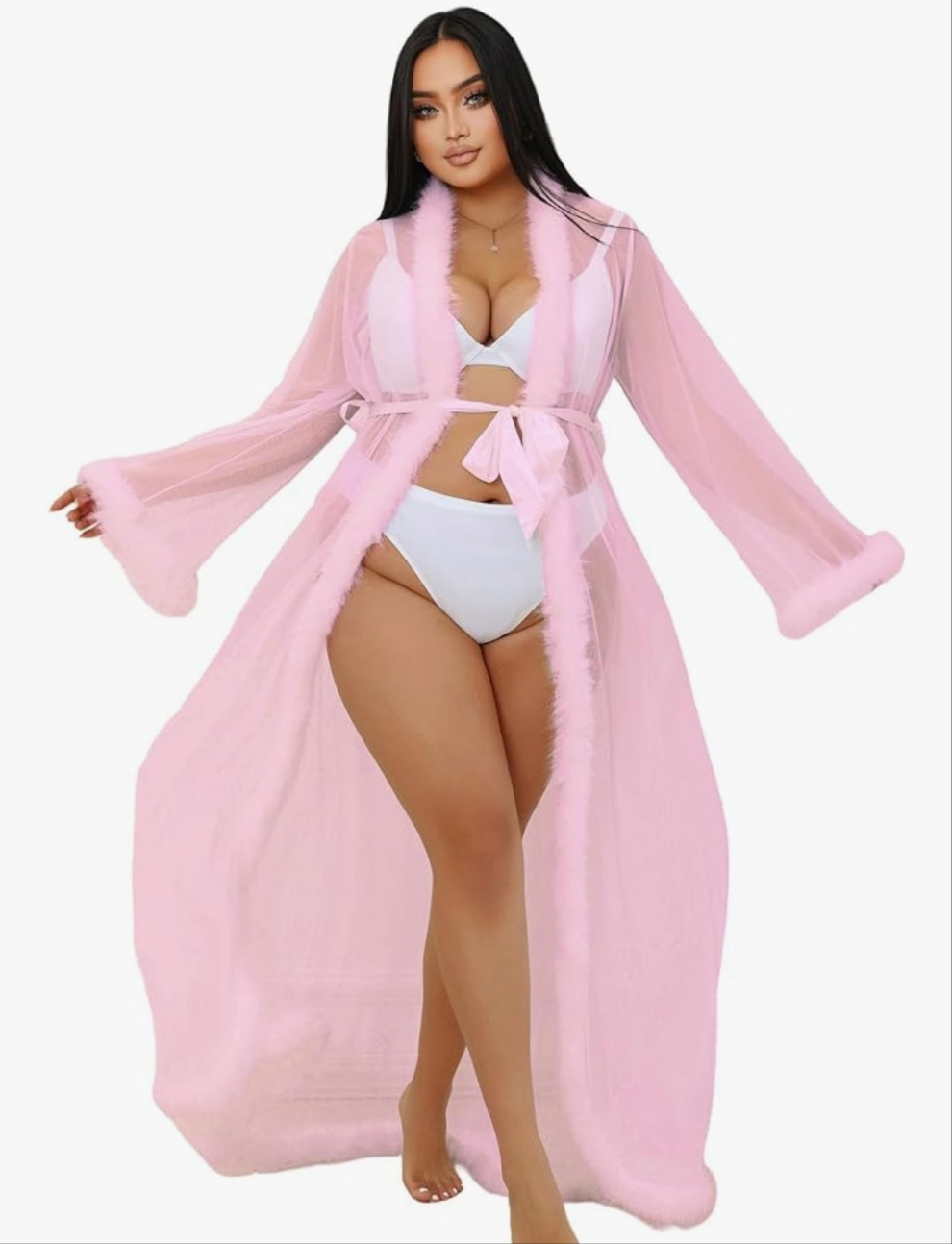 Feather Bridal Robe for Wedding Plus Size Lingerie Robe with Fur Nightgown Bathrobe Tulle Cocomoney