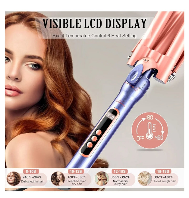 Curling Iron, 3 Barrel Hair Curler Beach Waver All in One Curling Wand with Interchangeable Ceramic Barrels and Heat Protective Glove, LCD Display, Instant Heating, Temperature Adjustment