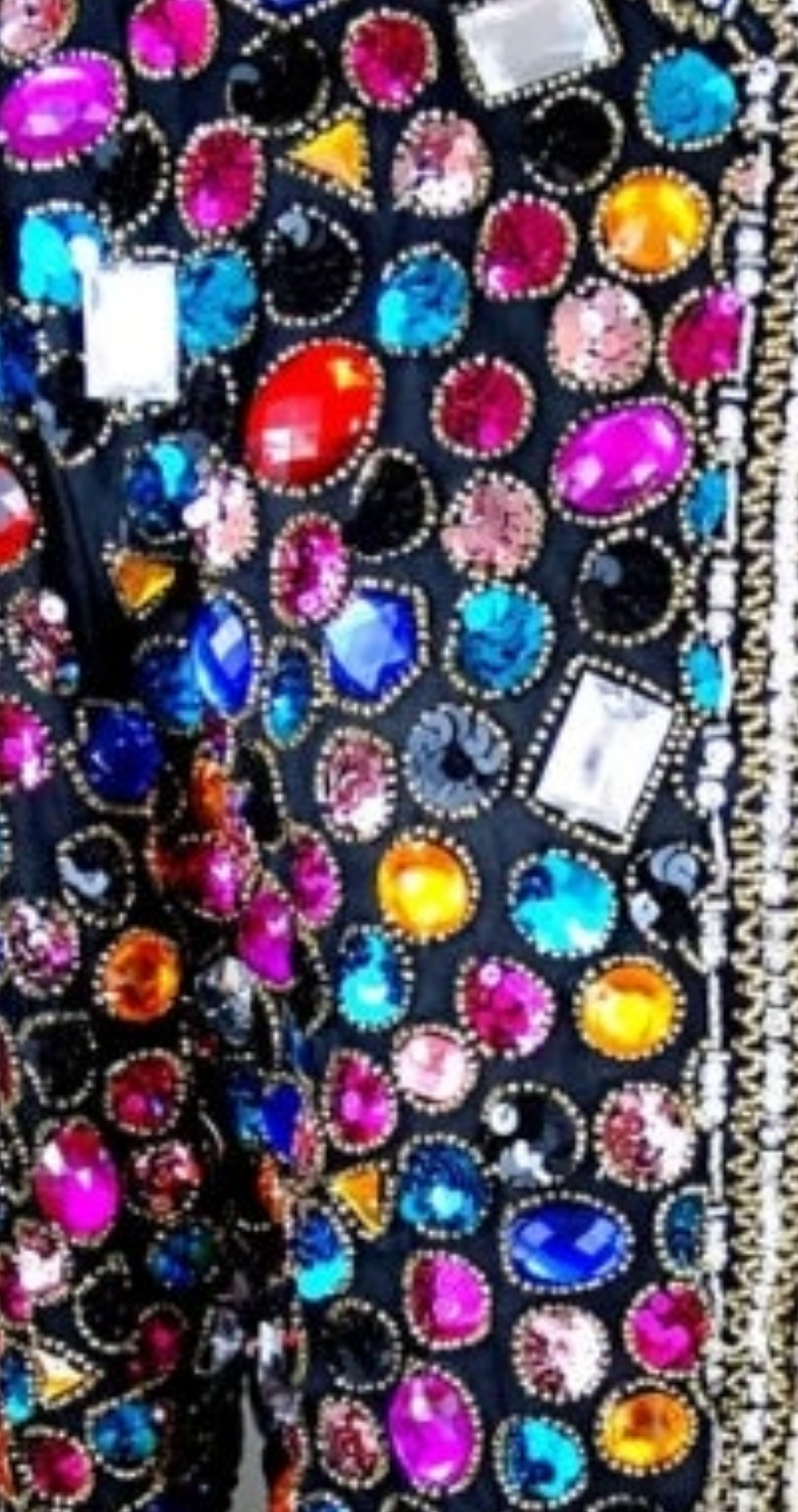 COCOMONEY Jewel Embellished Sequin Trophy Jacket // Rainbow Rhinestone Crystal Gem Beaded Evening JacketBust Medium - Bust - 36" +Shoulders - 16"
Sleeves - 21"
Top to Bottom - 24"
