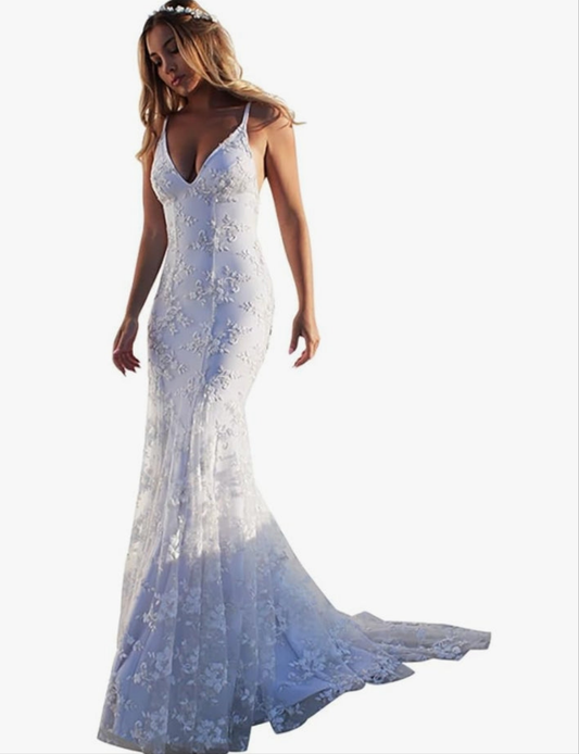 Applique Wedding Dresses for Bride Spaghetti Straps Mermaid V Neck Open Back Bodycon Long Bridal Gown