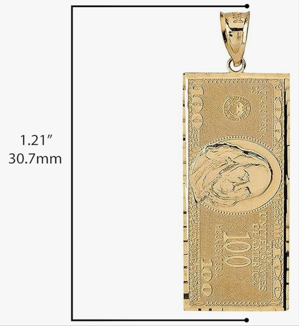 COCOMONEY Yellow Gold 1.4" Benjamin's One Hundred Dollar Bill Money $ Charm Pendant