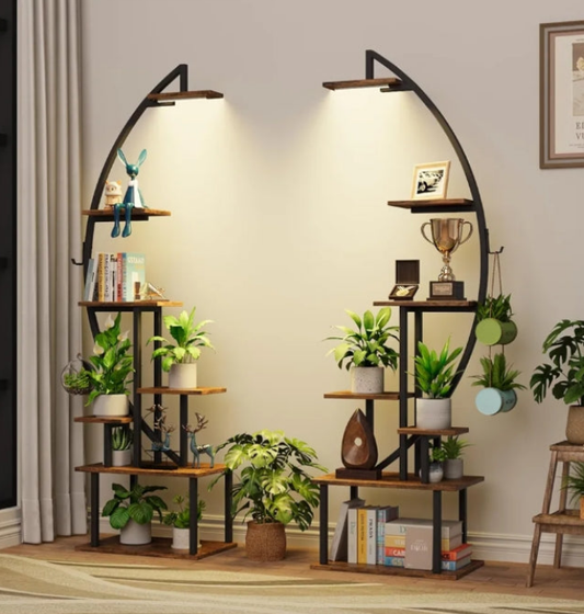 Tall Bookshelf with Lights, 2 Pack Ladder Bookcase, 7 Tier Arched Home Office Storage Book Collectibles Shelves, 64" Modern Corner Display Shelf for Bedroom Living Room Balcony, Rustic Brown