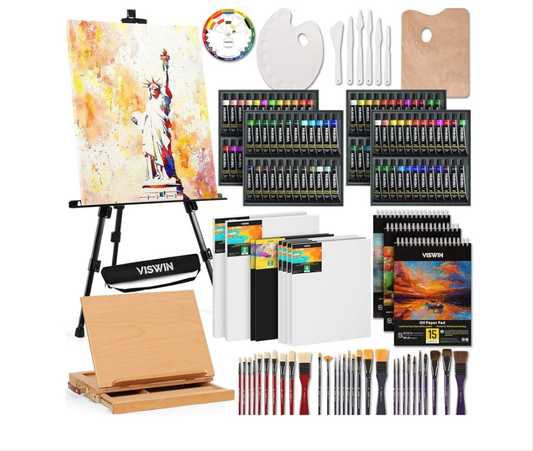 All-in-One Art Painting Set with Aluminum & Beech Wood Easel, 96 Acrylic, Watercolor & Oil Paint Set, Canvases, Painting Kit with Complete Art Supplies for Adult, Student, Beginner, Artist