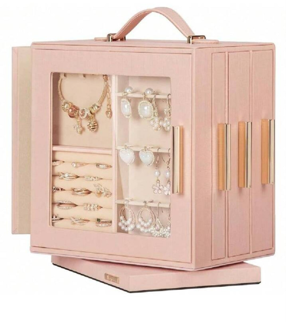 Jewelry Box 360° Rotating, Necklace Earring Organizer With Transparent Window, Mirror, 7 Drawers, Large Ring Display Storage Case For Girls Women pink