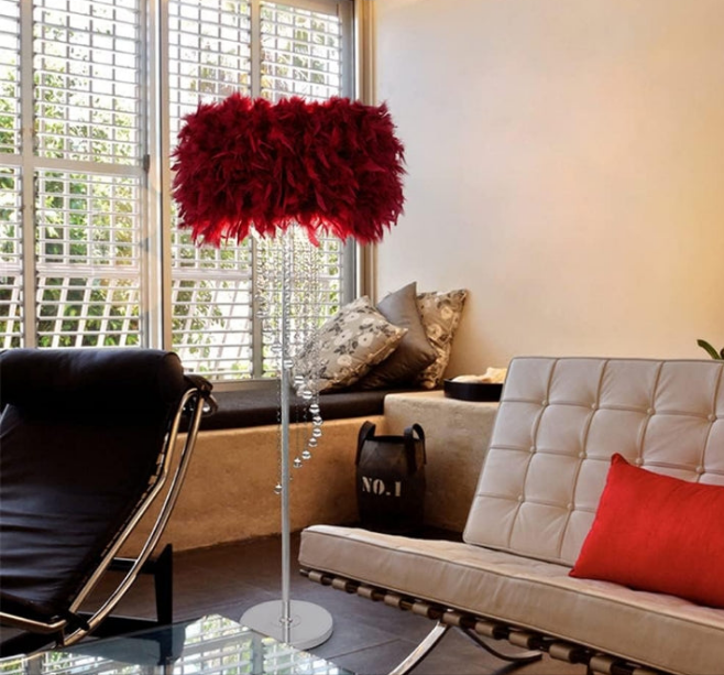 Floor Lamp Feather Drum Shade with Spiral Crystal Standing Lighting Plug in Standing Lamp Floor Light for Reading Living Room Bedroom