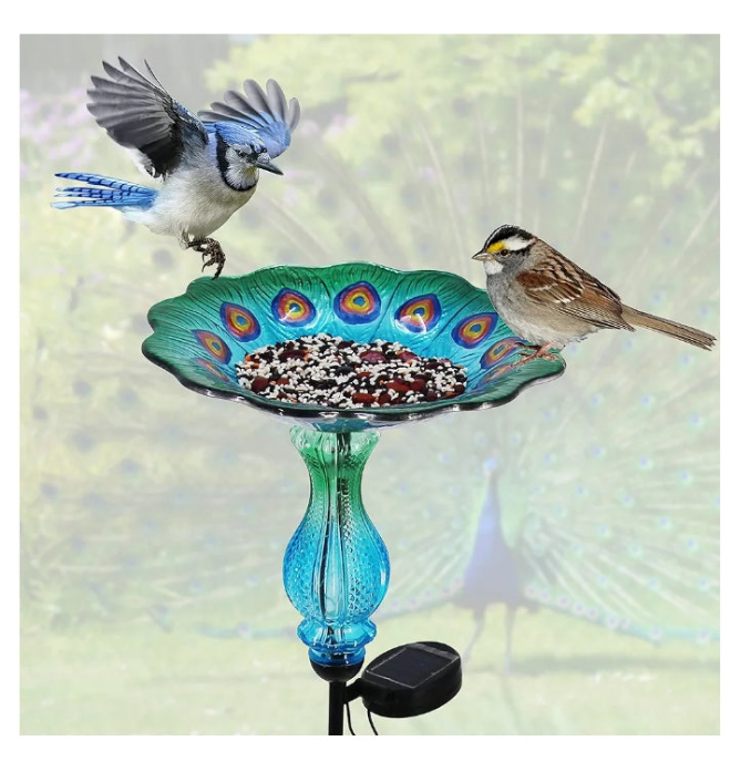 Peacock Bird Bath for Outdoor - Glass Bowl Solar Light Bird Baths Cage Outside Dish Bird Feeder with Metal Stake for Garden, Yard and Patio - 32 inches