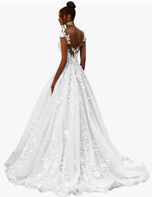 V Back Wedding Dress Sexy Elegant A-Line Glitter Lace Applique Floor Length Long Bridal Gown for Bride