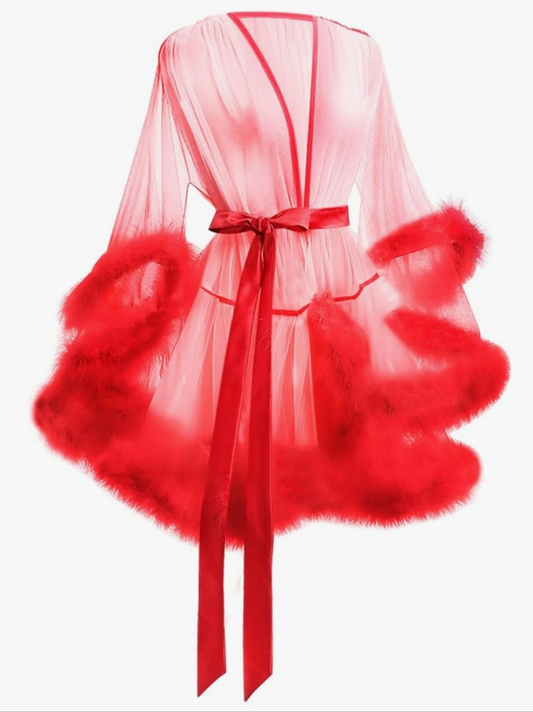 Sexy Tulle Feather Robe Sheer Mesh Fur Illusion Robe Nightgown Bridal Lingeries Gift Women Feather Trim Cocomoney