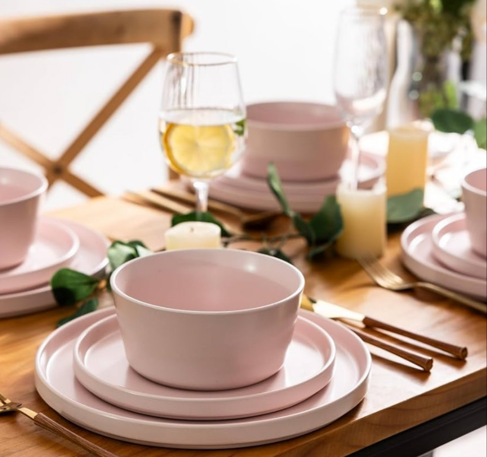 Ceramic Dinnerware Sets for 4, Modern Flat Stoneware Plates and Bowls Sets,Chip and Crack Resistant | Dishwasher & Microwave Safe Dishes Set,Scratch Resistant- Service for 4 (12pc)-Matte Pink