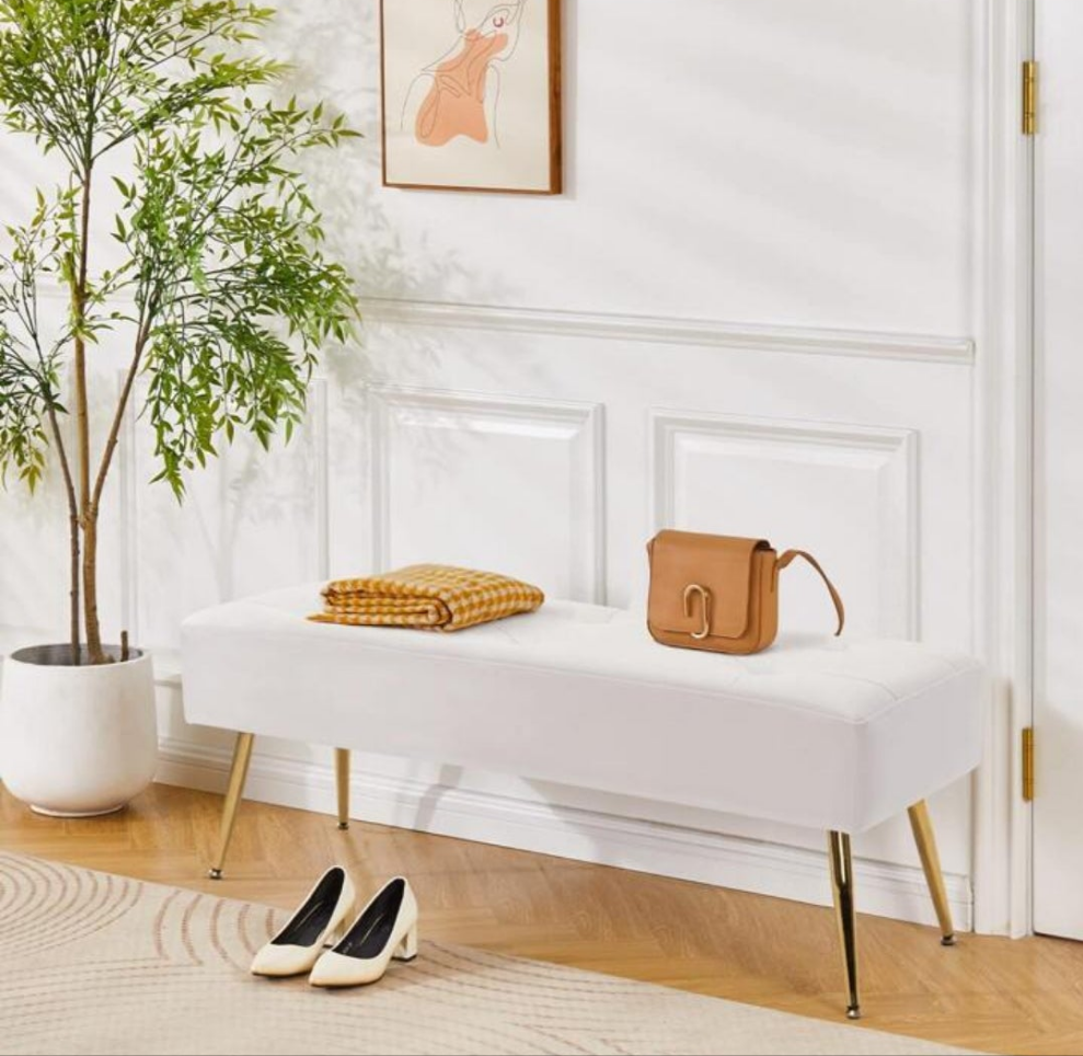 44.75" White PU Leather Ottoman Bench For Living Room Modern Button-Tufted Upholstered Bed Bench With Gold Legs Luxurious Vanity Bench For Makeup Room Entryway Fumahaus 44.75" White PU Leather Ottoman Bench For Living Room Modern Button-Tufted Up
