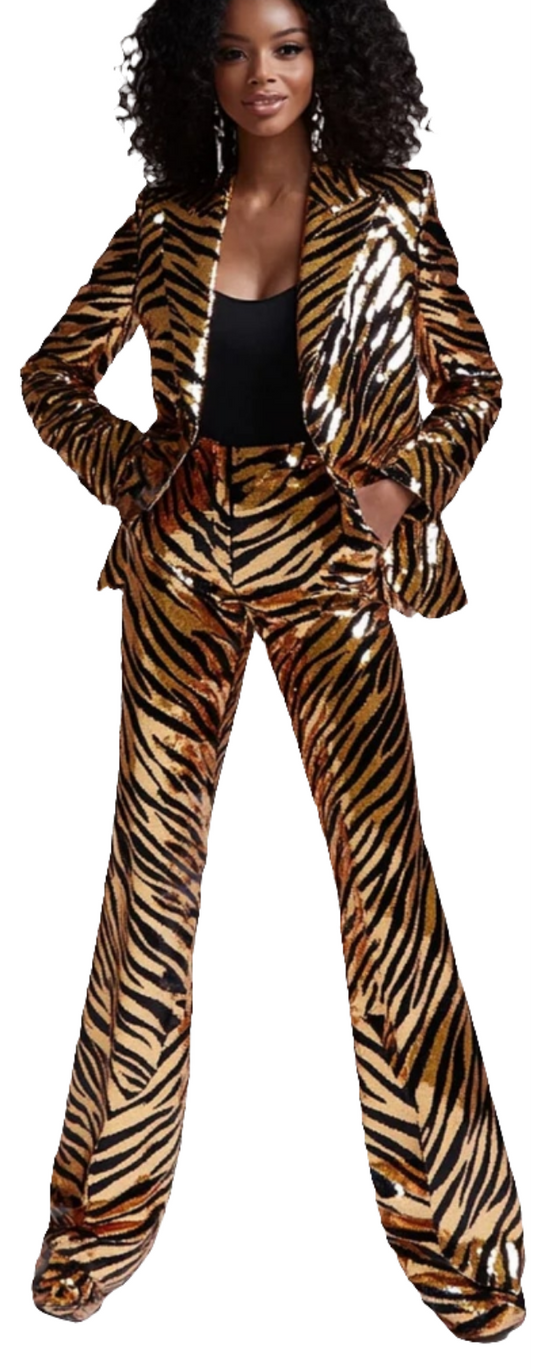 COCOMONEY Tiger Pattern Sequined Blazer Two Piece Pants Set-Gold