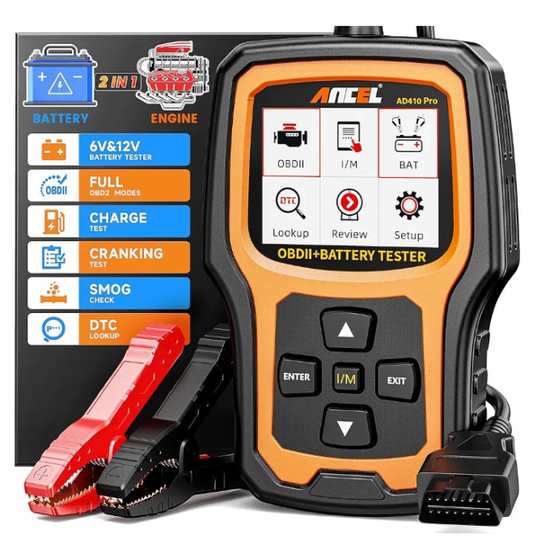 ANCEL AD410 Pro 2 in 1 OBD2 Scanner Battery Tester, OBD2 Scanner Diagnostic Tool for Car Check Engine Code Reader Scan Tool & 6V 12V 100-2000 CCA Battery Charging Cranking Test EVAP Live Data