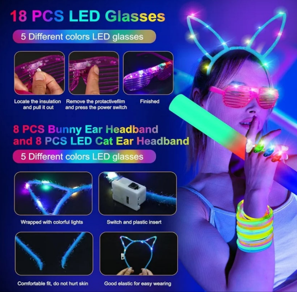 282 PCS Glow in the Dark Party Supplies, 18 Foam Sticks, 18 LED Glasses, 200 Glow Sticks, 30 Finger Lights, 8 Bunny Ear Headband and 8 LED Cat Ear Headband for Wedding,Birthday,Concert,New Year