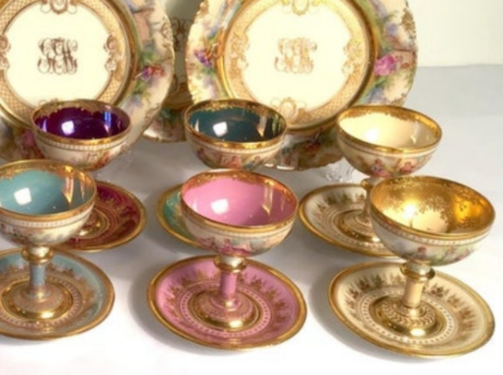 Dresden Ambrosius Lamm Footed Cups and Dessert Plates Set for 10 Hand Painted