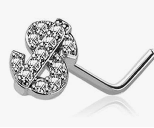 Money Nose Ring Stud CZ Dollar Sign Top 316L Surgical Steel L Shape Money