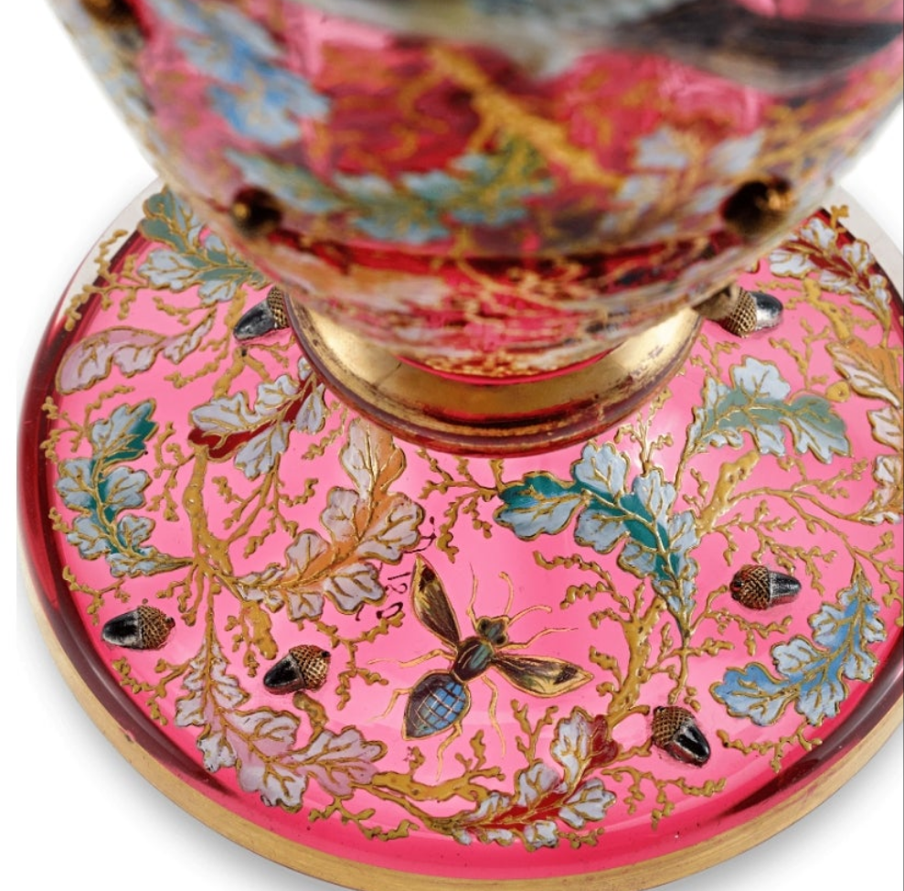 Fabulous Moser Ruby Glass and Enamel Bird Ewer