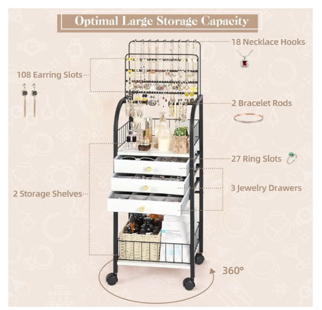 Jewelry Organizer,Large Jewelry Stand with 3 Jewelry Box Drawer, Jewelry Holder Necklace Organizer Earring Storage Jewelry Armoire with Display for Earring Necklace Ring Bracelet