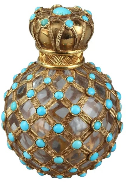 Gold, Crystal and Turquoise Perfume Flask Restauration Period 18k Gold