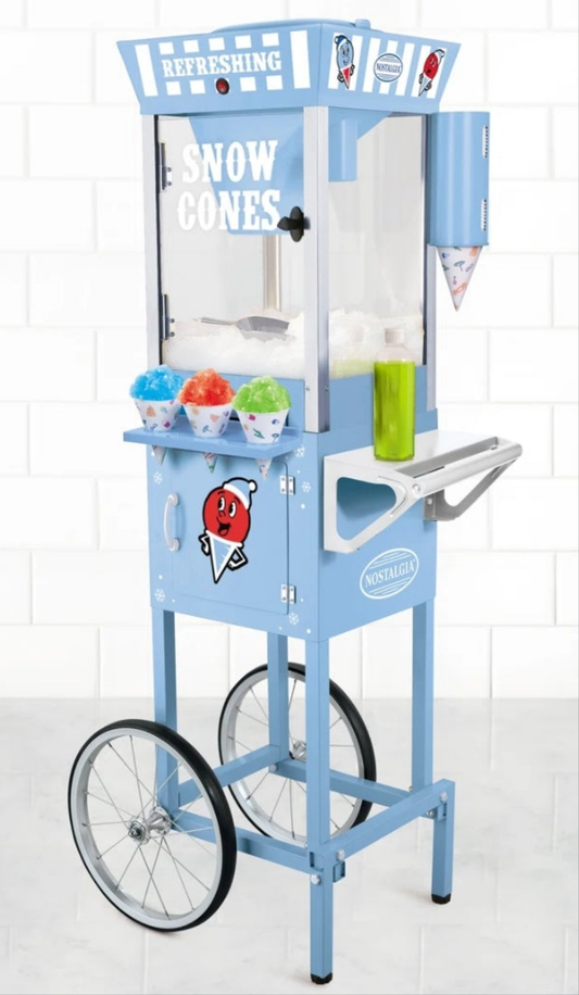 Tall Snow Cone Cart, Makes 72 Icy Treats, Includes Metal Scoop, 2 Syrup Bottles, 100 Paper Cups/Spoons, Storage Compartment, Wheels For Easy