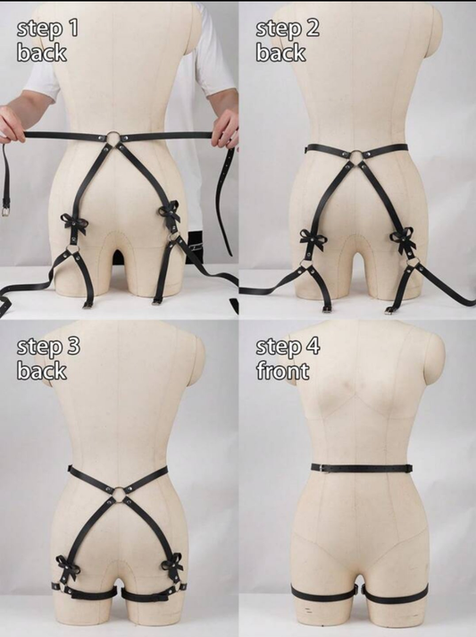 1 Piece PU Leather Leg Harness Belt Bow Decoration Bondage Harness Thigh Hip Belt one size COCOMONEY