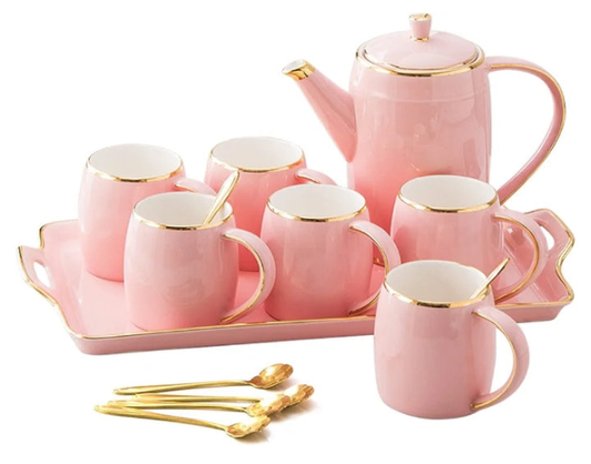 Tea Set, Porcelain Tea Set Coffee Cups Teapots Ceramics Teaset Coffee Tea Sets, 1150Ml Coffee Pot, Pink Tea Service of 6 Cups for 300Ml
