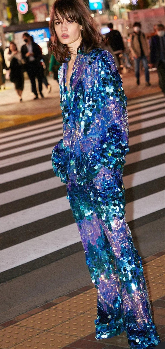 Colorblock Sequin Blazer Two Pieces Pant Set-Blue COCOMONEY