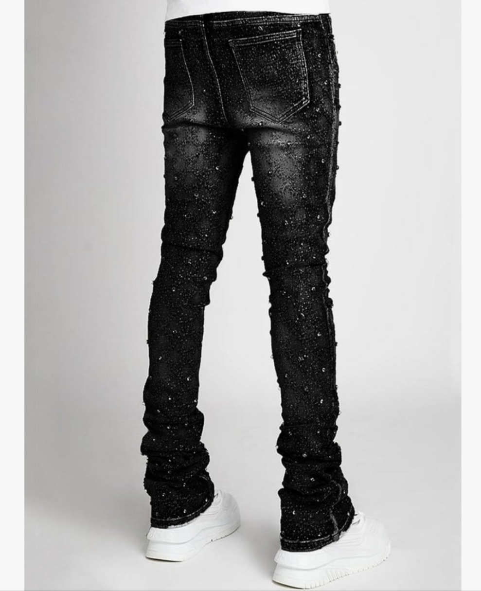 Rhinestone Skinny Stacked Jeans Mens Straight Leg Jeans Casual Pants Slim Fit Jeans Vintage Grunge Hip Hop Pants
