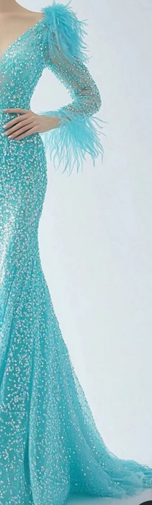 Rhinestone Feather Long Sleeve Fishtail Maxi Dress-Blue [Custom-Made] COCOMONEY