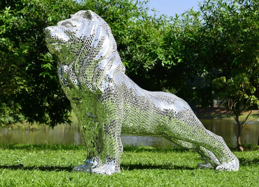 Silver Mirrored Lion Statue With mirrored Diamond Exterior