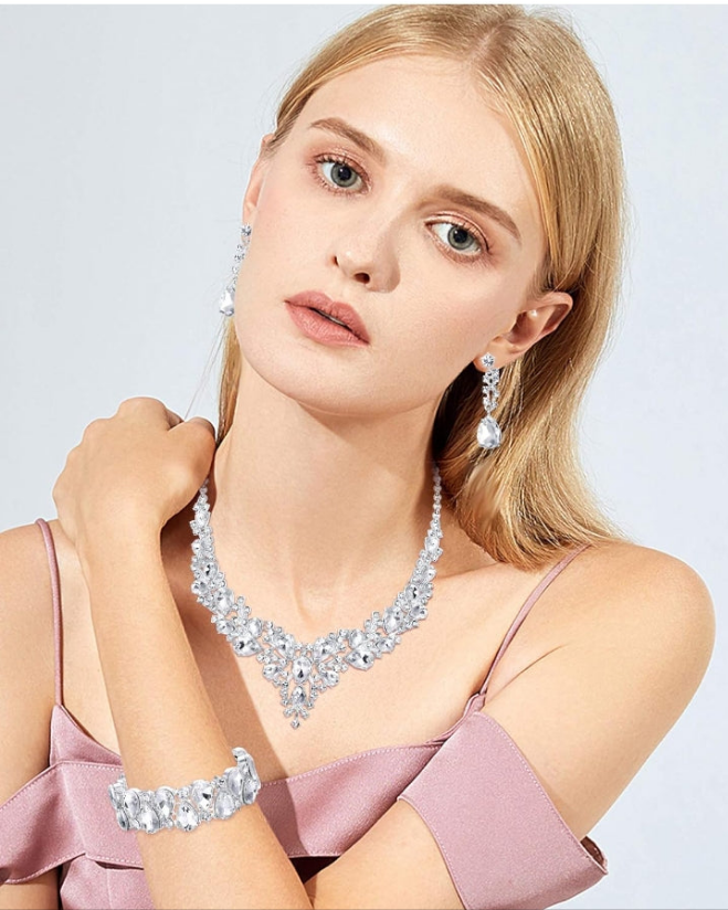 Crystal Bridal Jewelry Sets for Women Necklace Earrings Bracelet Set for Wedding Rhinestone Bridesmaid Choices fit with Wedding Dress