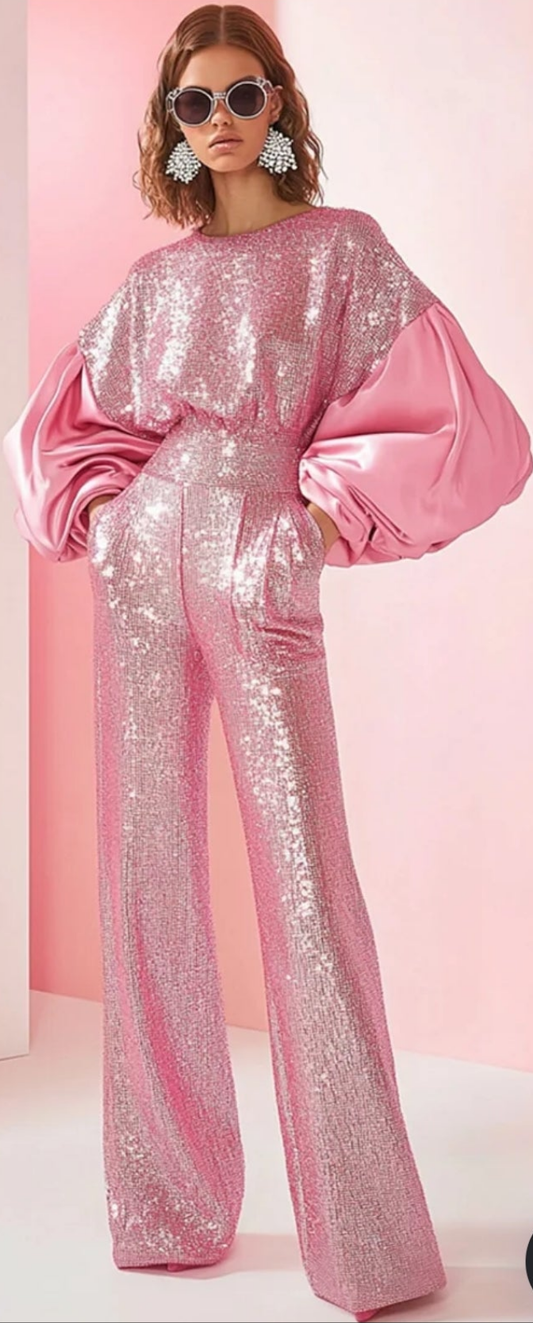 COCOMONEY Patchwork Sequins Puff Sleeve Pocket Jumpsuit-Pink